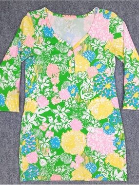 Bright Floral V-Neck Tunic — Green, Pink, Yellow, Blue